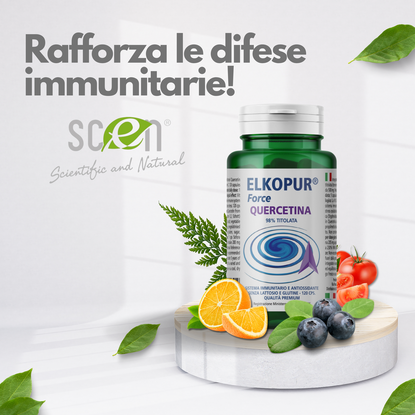 Elkopur® Force Quercetina pura, 120 capsule da 500 mg. con 200 mg. di Quercetina titolata 98% in Quercetina, Vegetarian e Vegan ok, Rinforza il sistema immunitario, Antiossidante, prodotto in Italia