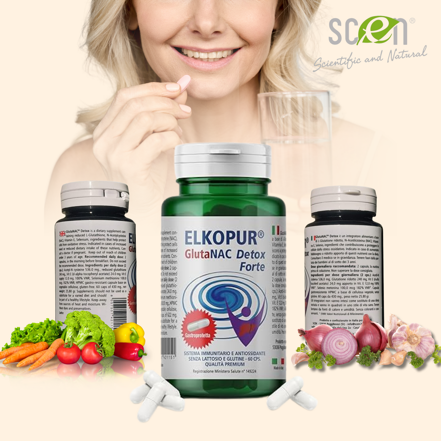 Elkopur GlutaNAC Detox - Food supplement of reduced L-Glutathione, N-Acetylcysteine (NAC), Vitamin E, Selenium, Vegetable gastro-resistant capsules, made in Italy