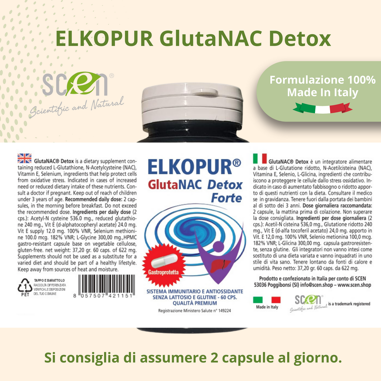 Elkopur GlutaNAC Detox - Food supplement of reduced L-Glutathione, N-Acetylcysteine (NAC), Vitamin E, Selenium, Vegetable gastro-resistant capsules, made in Italy