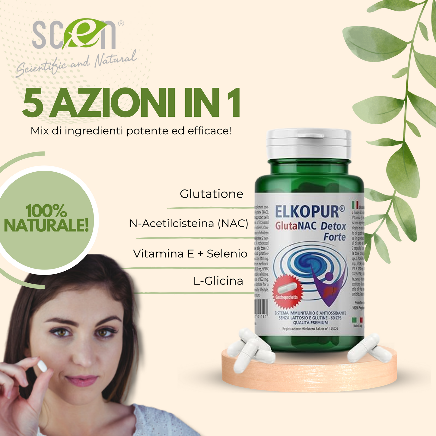 Elkopur GlutaNAC Detox - Food supplement of reduced L-Glutathione, N-Acetylcysteine (NAC), Vitamin E, Selenium, Vegetable gastro-resistant capsules, made in Italy