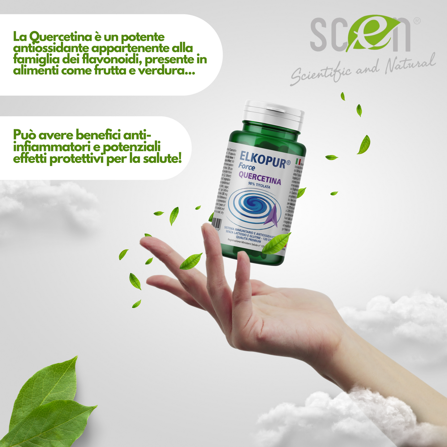 Elkopur® Force Quercetina pura, 120 capsule da 500 mg. con 200 mg. di Quercetina titolata 98% in Quercetina, Vegetarian e Vegan ok, Rinforza il sistema immunitario, Antiossidante, prodotto in Italia