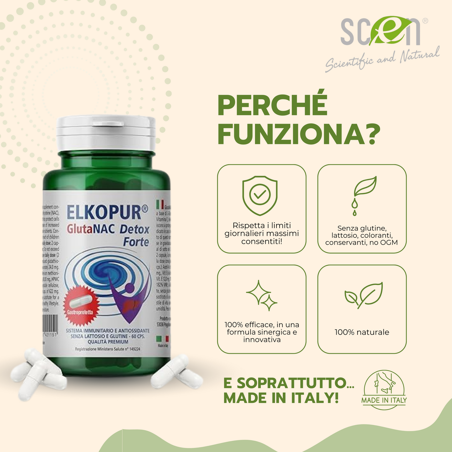 Elkopur GlutaNAC Detox - Food supplement of reduced L-Glutathione, N-Acetylcysteine (NAC), Vitamin E, Selenium, Vegetable gastro-resistant capsules, made in Italy
