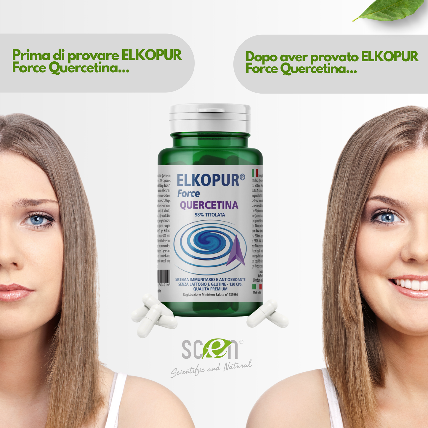 Elkopur® Force Quercetina pura, 120 capsule da 500 mg. con 200 mg. di Quercetina titolata 98% in Quercetina, Vegetarian e Vegan ok, Rinforza il sistema immunitario, Antiossidante, prodotto in Italia