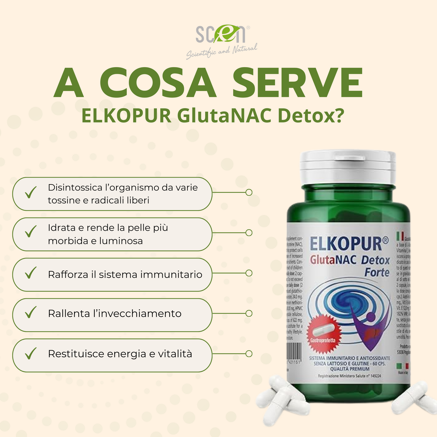 Elkopur GlutaNAC Detox - Food supplement of reduced L-Glutathione, N-Acetylcysteine (NAC), Vitamin E, Selenium, Vegetable gastro-resistant capsules, made in Italy