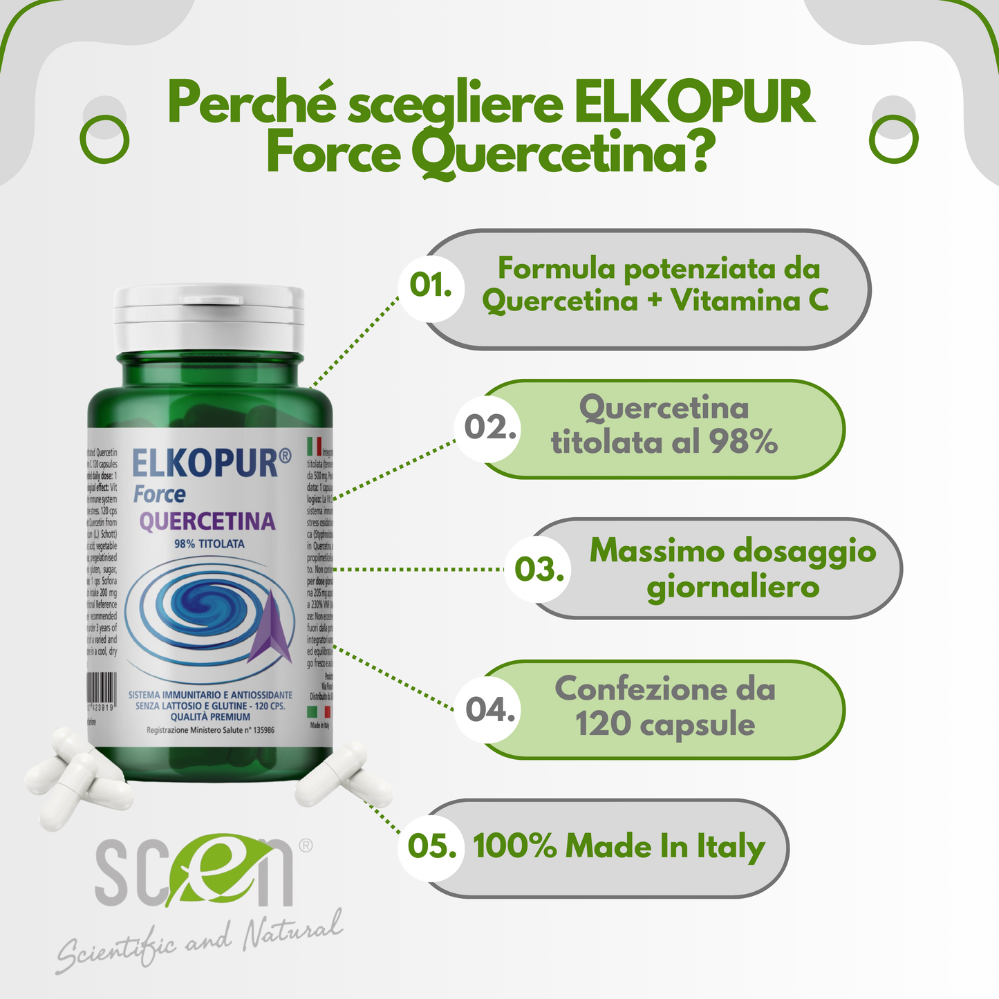 Elkopur® Force Quercetina pura, 120 capsule da 500 mg. con 200 mg. di Quercetina titolata 98% in Quercetina, Vegetarian e Vegan ok, Rinforza il sistema immunitario, Antiossidante, prodotto in Italia