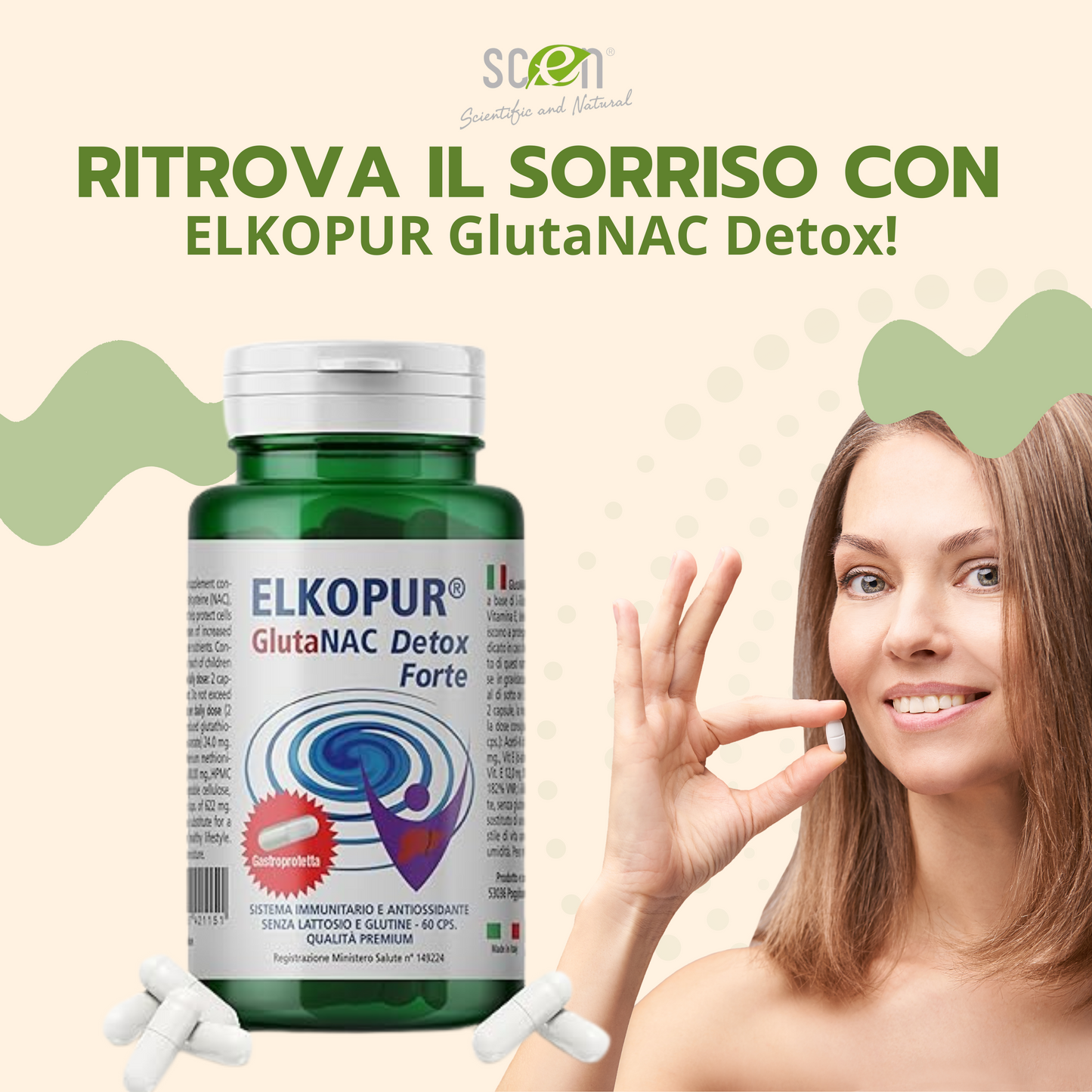 Elkopur GlutaNAC Detox - Food supplement of reduced L-Glutathione, N-Acetylcysteine (NAC), Vitamin E, Selenium, Vegetable gastro-resistant capsules, made in Italy