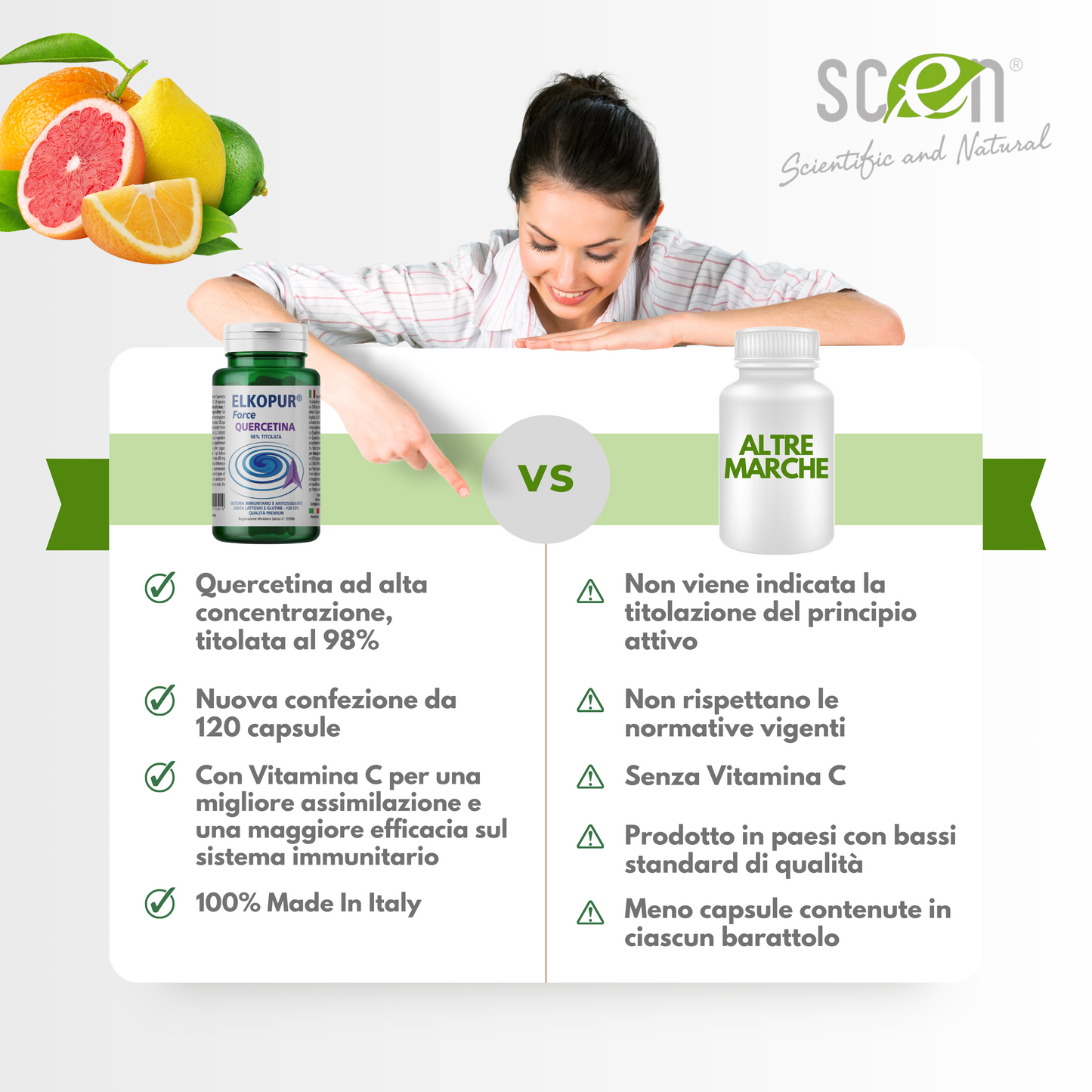 Elkopur® Force Quercetina pura, 120 capsule da 500 mg. con 200 mg. di Quercetina titolata 98% in Quercetina, Vegetarian e Vegan ok, Rinforza il sistema immunitario, Antiossidante, prodotto in Italia