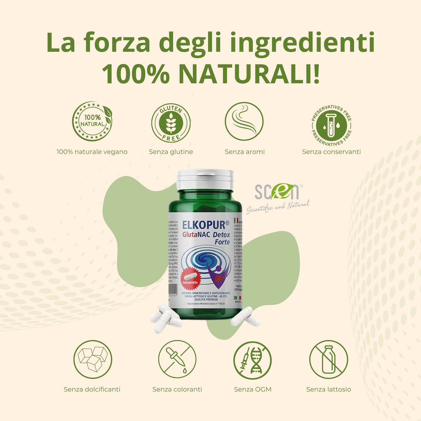Elkopur GlutaNAC Detox - Food supplement of reduced L-Glutathione, N-Acetylcysteine (NAC), Vitamin E, Selenium, Vegetable gastro-resistant capsules, made in Italy