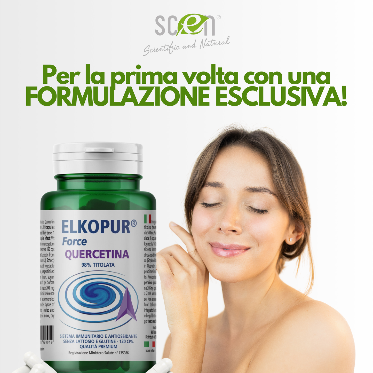Elkopur® Force Quercetina pura, 120 capsule da 500 mg. con 200 mg. di Quercetina titolata 98% in Quercetina, Vegetarian e Vegan ok, Rinforza il sistema immunitario, Antiossidante, prodotto in Italia