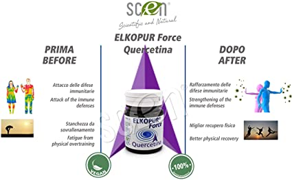 Elkopur® Force Quercetina pura, 120 capsule da 500 mg. con 200 mg. di Quercetina titolata 98% in Quercetina, Vegetarian e Vegan ok, Rinforza il sistema immunitario, Antiossidante, prodotto in Italia