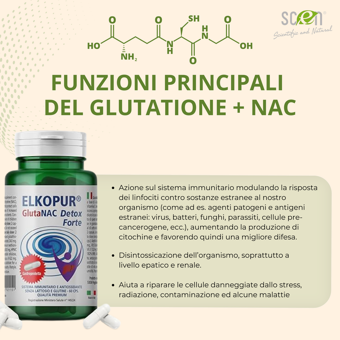 Elkopur GlutaNAC Detox - Food supplement of reduced L-Glutathione, N-Acetylcysteine (NAC), Vitamin E, Selenium, Vegetable gastro-resistant capsules, made in Italy