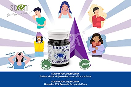 Elkopur® Force Quercetina pura, 120 capsule da 500 mg. con 200 mg. di Quercetina titolata 98% in Quercetina, Vegetarian e Vegan ok, Rinforza il sistema immunitario, Antiossidante, prodotto in Italia