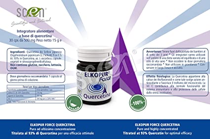 Elkopur® Force Quercetina pura, 120 capsule da 500 mg. con 200 mg. di Quercetina titolata 98% in Quercetina, Vegetarian e Vegan ok, Rinforza il sistema immunitario, Antiossidante, prodotto in Italia