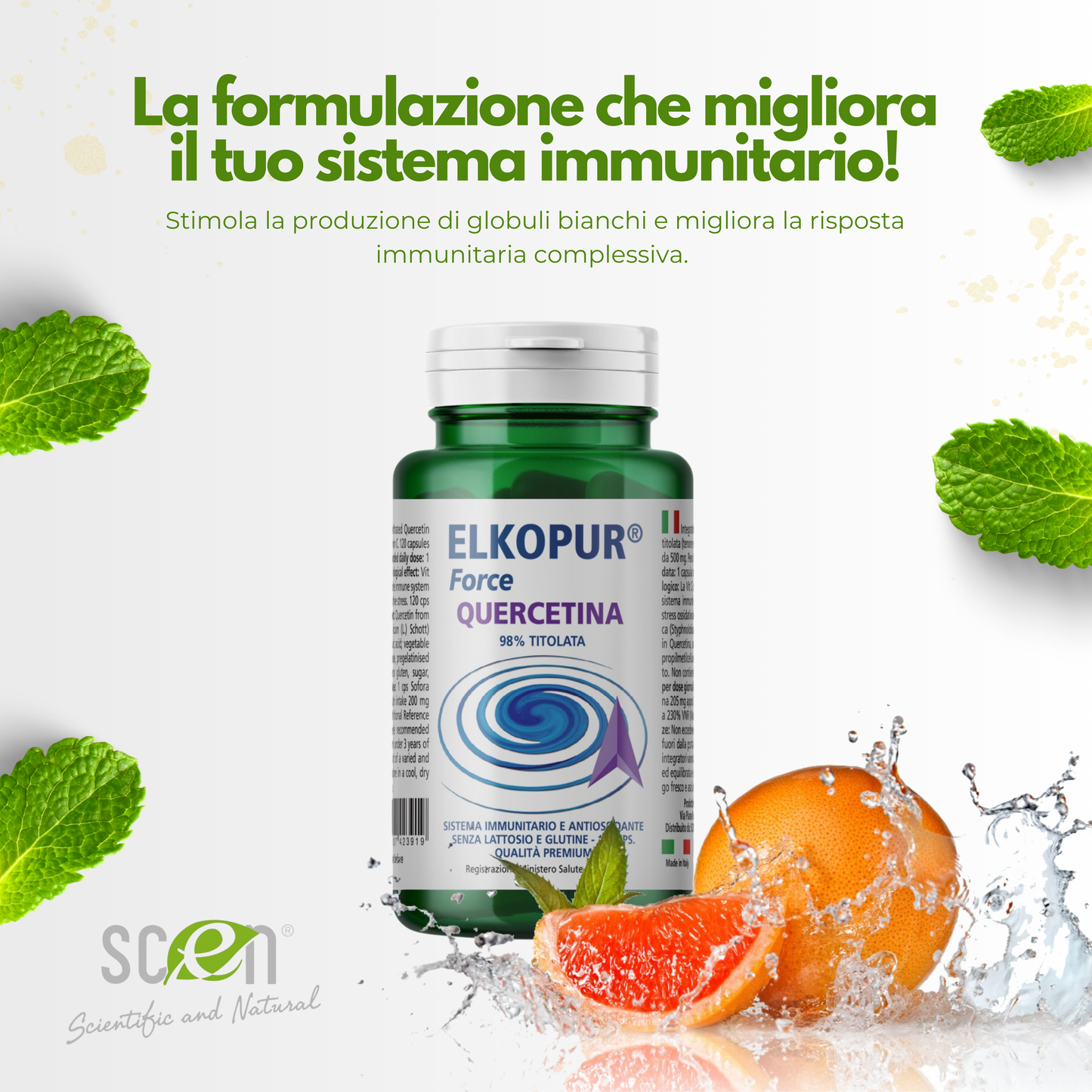 Elkopur® Force Quercetina pura, 120 capsule da 500 mg. con 200 mg. di Quercetina titolata 98% in Quercetina, Vegetarian e Vegan ok, Rinforza il sistema immunitario, Antiossidante, prodotto in Italia