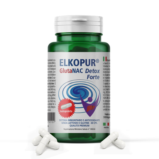 Elkopur GlutaNAC Detox - Food supplement of reduced L-Glutathione, N-Acetylcysteine (NAC), Vitamin E, Selenium, Vegetable gastro-resistant capsules, made in Italy