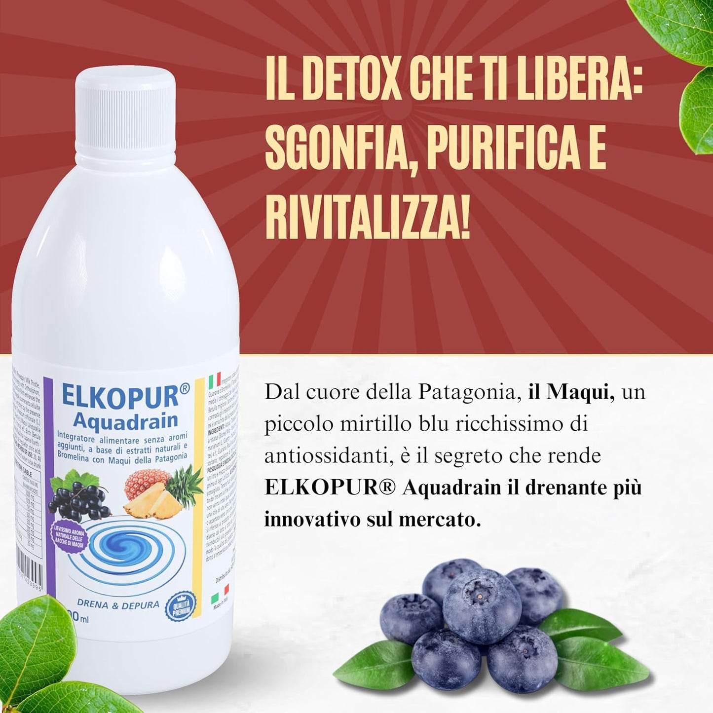 Elkopur® Aquadrain, è un prodotto depurativo, ad azione drenante che aiuta ad eliminare i liquidi in eccesso, migliorare il microcircolo venoso, ridurre gonfiore e senso di pesantezza