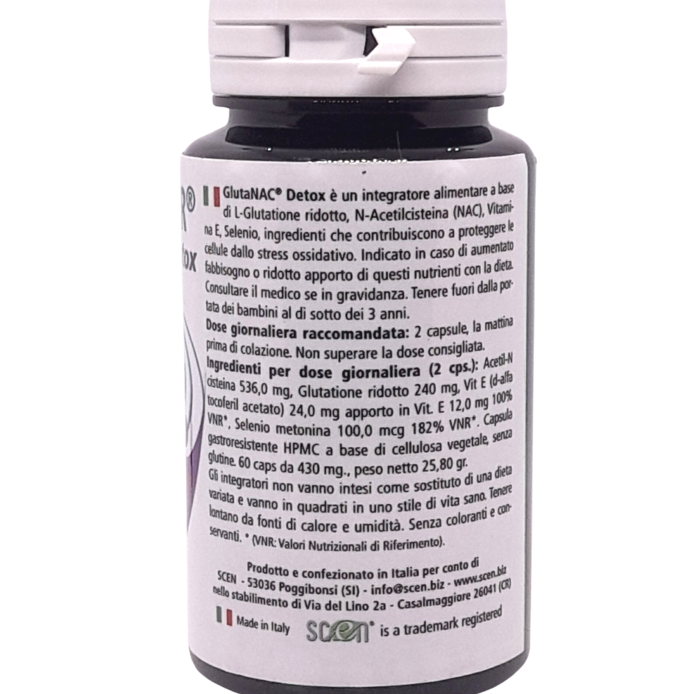 Elkopur GlutaNAC Detox - Food supplement of reduced L-Glutathione, N-Acetylcysteine (NAC), Vitamin E, Selenium, Vegetable gastro-resistant capsules, made in Italy
