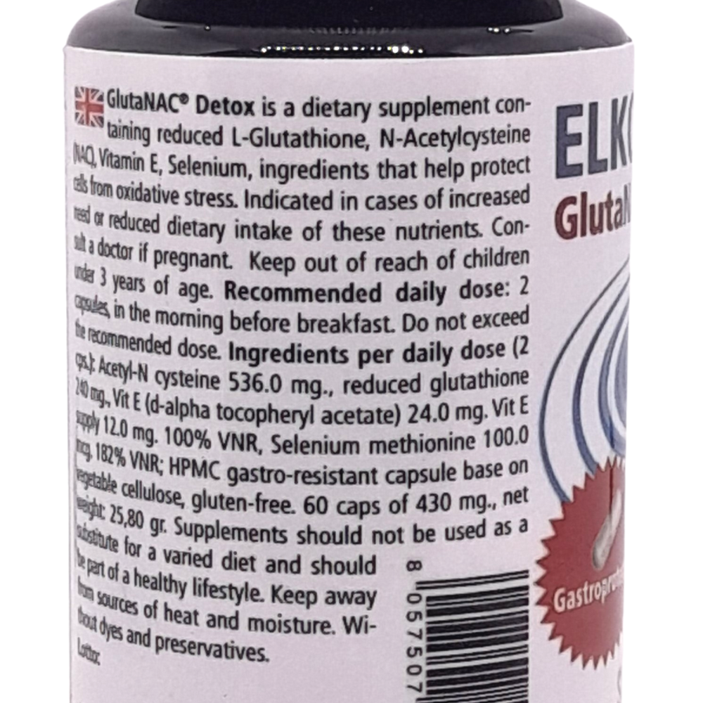 Elkopur GlutaNAC Detox - Food supplement of reduced L-Glutathione, N-Acetylcysteine (NAC), Vitamin E, Selenium, Vegetable gastro-resistant capsules, made in Italy