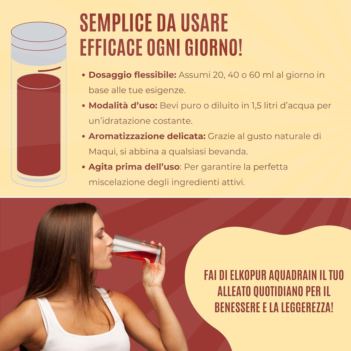 Elkopur® Aquadrain, è un prodotto depurativo, ad azione drenante che aiuta ad eliminare i liquidi in eccesso, migliorare il microcircolo venoso, ridurre gonfiore e senso di pesantezza