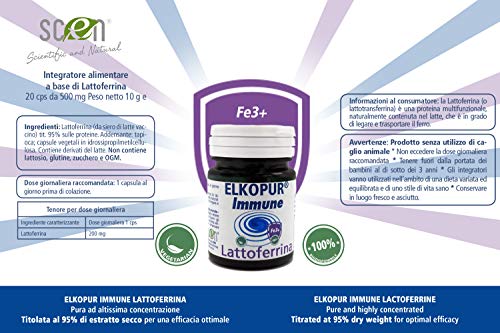 Elkopur Immune Pure lactoferrin, 500 mg capsules. containing 200 mg. of Lactoferrin titrated 95%. DOES NOT use animal rennet - vegetarian ok | Strengthens the immune system | Antioxidant (1)