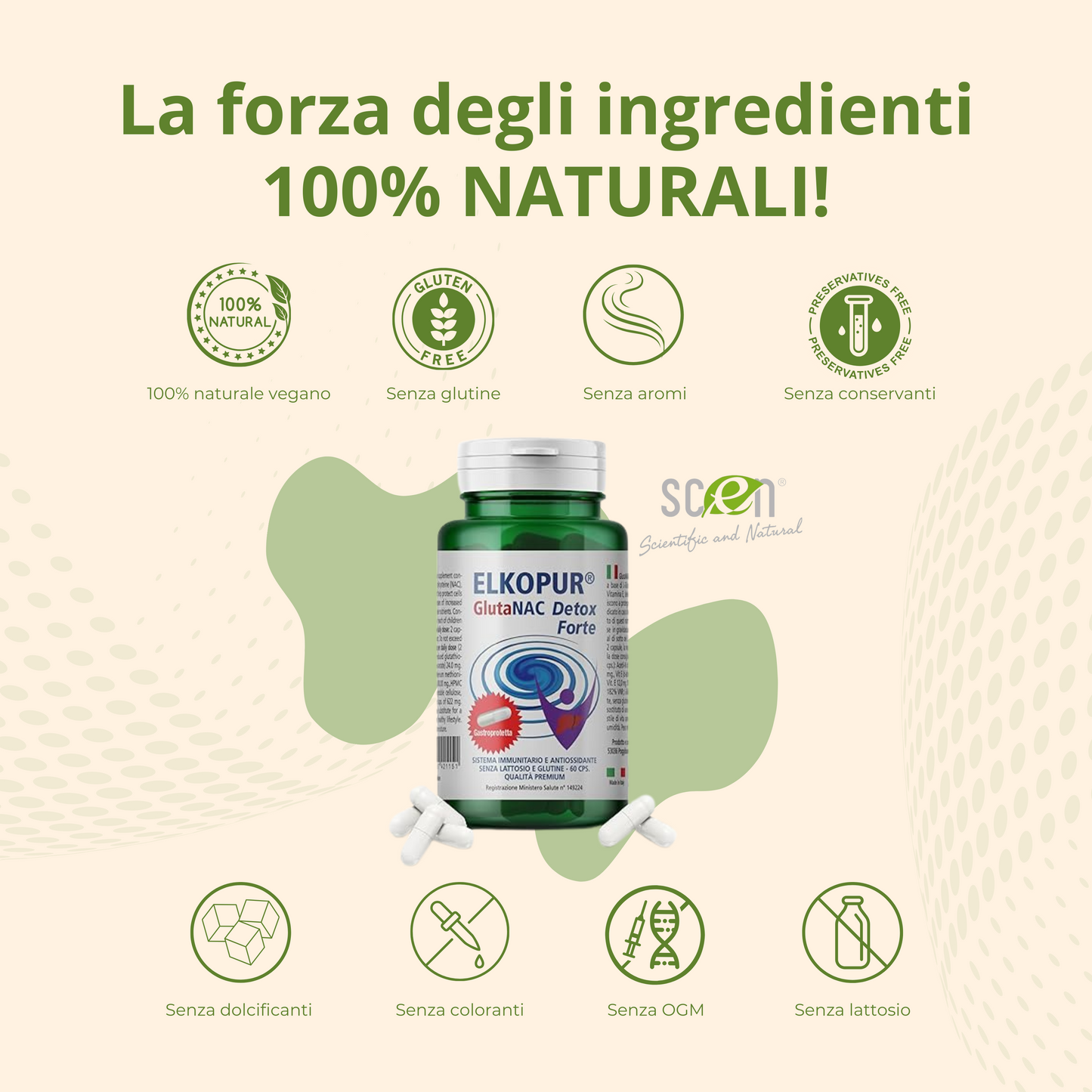 Elkopur GlutaNAC Detox - Food supplement of reduced L-Glutathione, N-Acetylcysteine ​​(NAC), Vitamin E, Selenium, Vegetable gastro-resistant capsules, made in Italy