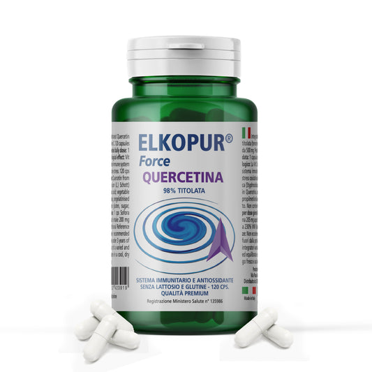 Elkopur® Force Quercetina pura, 120 capsule da 500 mg. con 200 mg. di Quercetina titolata 98% in Quercetina, Vegetarian e Vegan ok, Rinforza il sistema immunitario, Antiossidante, prodotto in Italia