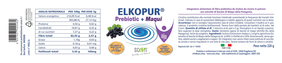 Elkopur PreBiotic + Maqui - Nahrungsergänzungsmittel aus Inulinpulver aus Chicorée mit Maqui-Extrakt, 220 Gramm 