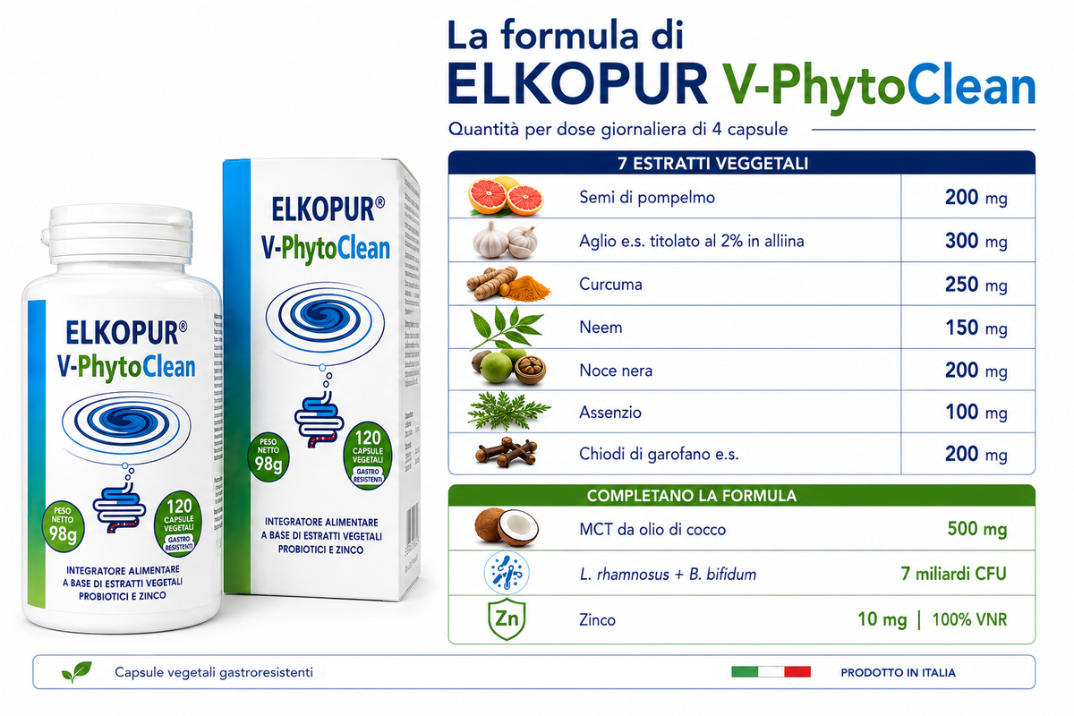 Elkopur V‑PhytoClean – Depurazione Intestinale Avanzata | Estratti Vegetali + Probiotici + Zinco