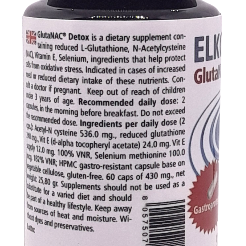 Elkopur® GlutaNAC Detox Forte- Integratore alimentare di L-Glutatione ridotto, N-Acetilcisteina (NAC), Vitamina E, Selenio, L-Glicina. Capsule gastroresistenti vegetali, prodotto in Italia